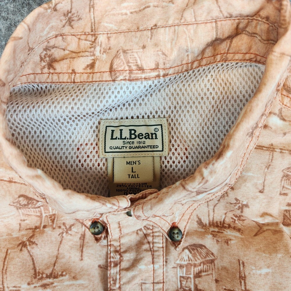 LL Bean Fishing Shirt Men L Tall Orange Vented Tropical Shark Print Hiking OXY22 - Picture 4 of 10